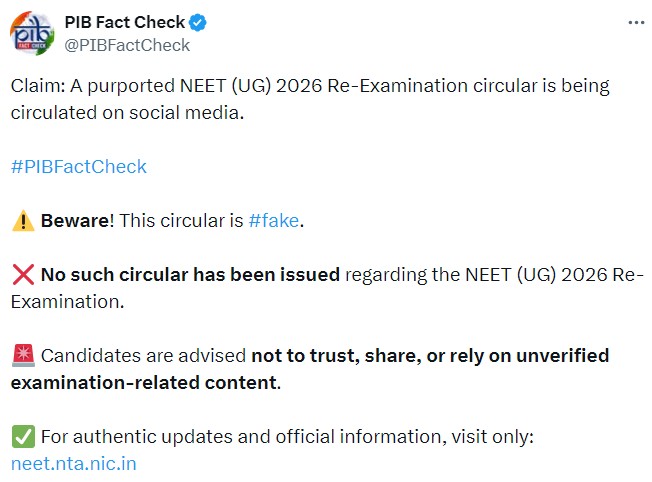 Comparison of the re-NEET 2026 fake notice claims vs PIB Fact Check reality in an infographic.