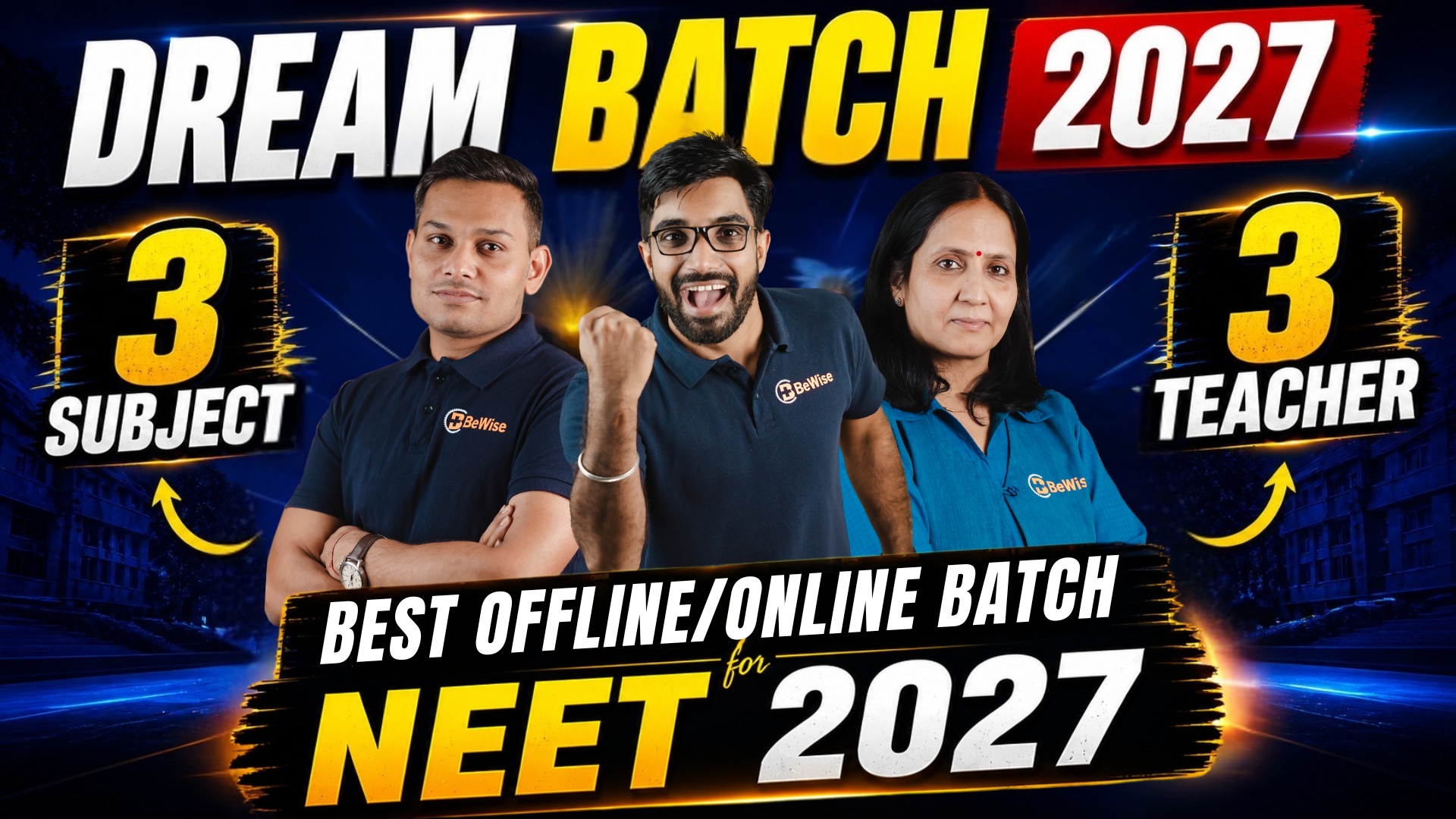 Infographic of BeWise Classes faculty for the best coaching for neet in kota showing Biology, Chemistry, and Physics experts.