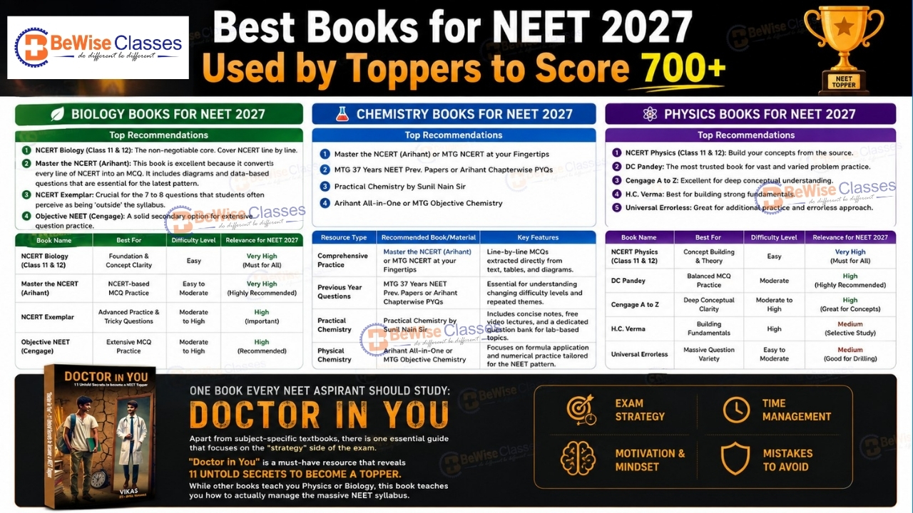 Best Books for NEET 2027 infographic by BeWise Classes featuring top recommended Biology, Chemistry, and Physics books for NEET preparation.