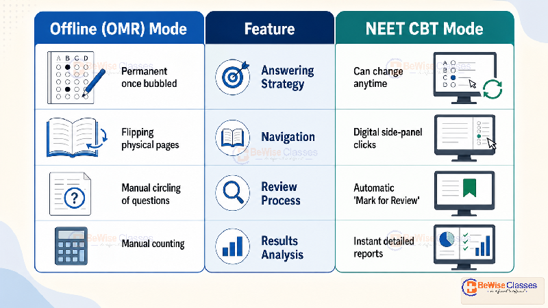 NEET PYQs CBT Mode comparison of Offline OMR and CBT answering, navigation, review, and results analysis